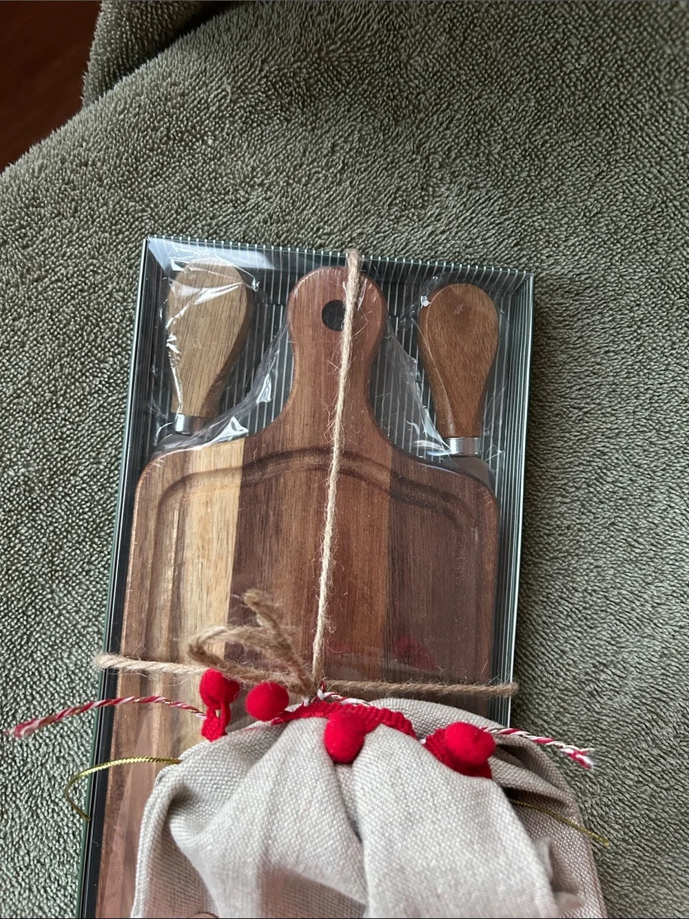 Linen Christmas Kitchen Towel with small charcuterie board and server